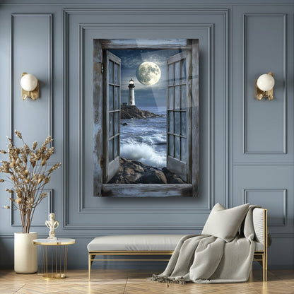 Pencereden Deniz Feneri Manzarası Cam Tablo