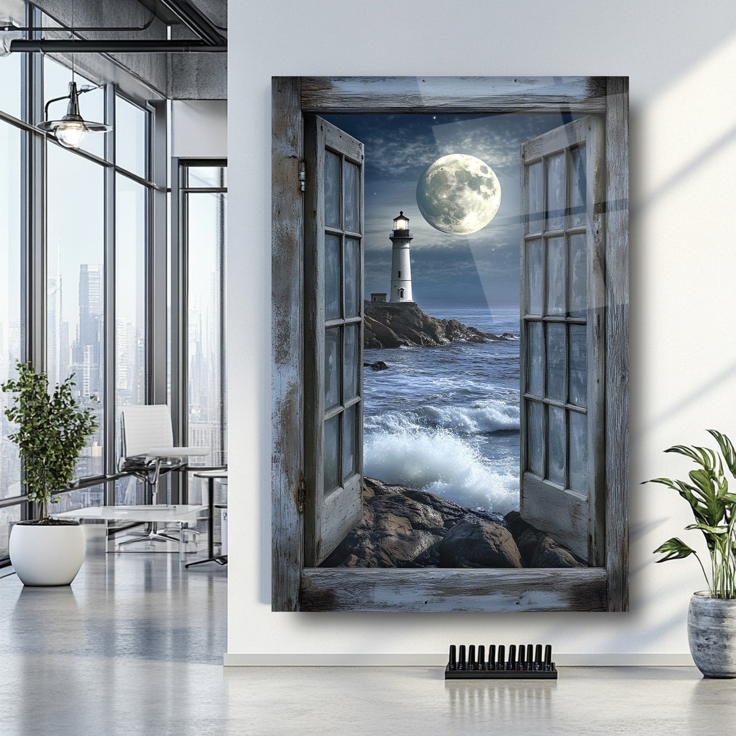 Pencereden Deniz Feneri Manzarası Cam Tablo