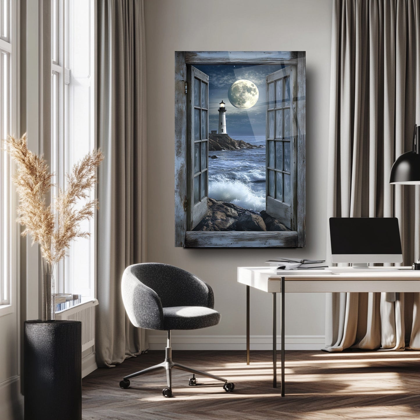 Pencereden Deniz Feneri Manzarası Cam Tablo