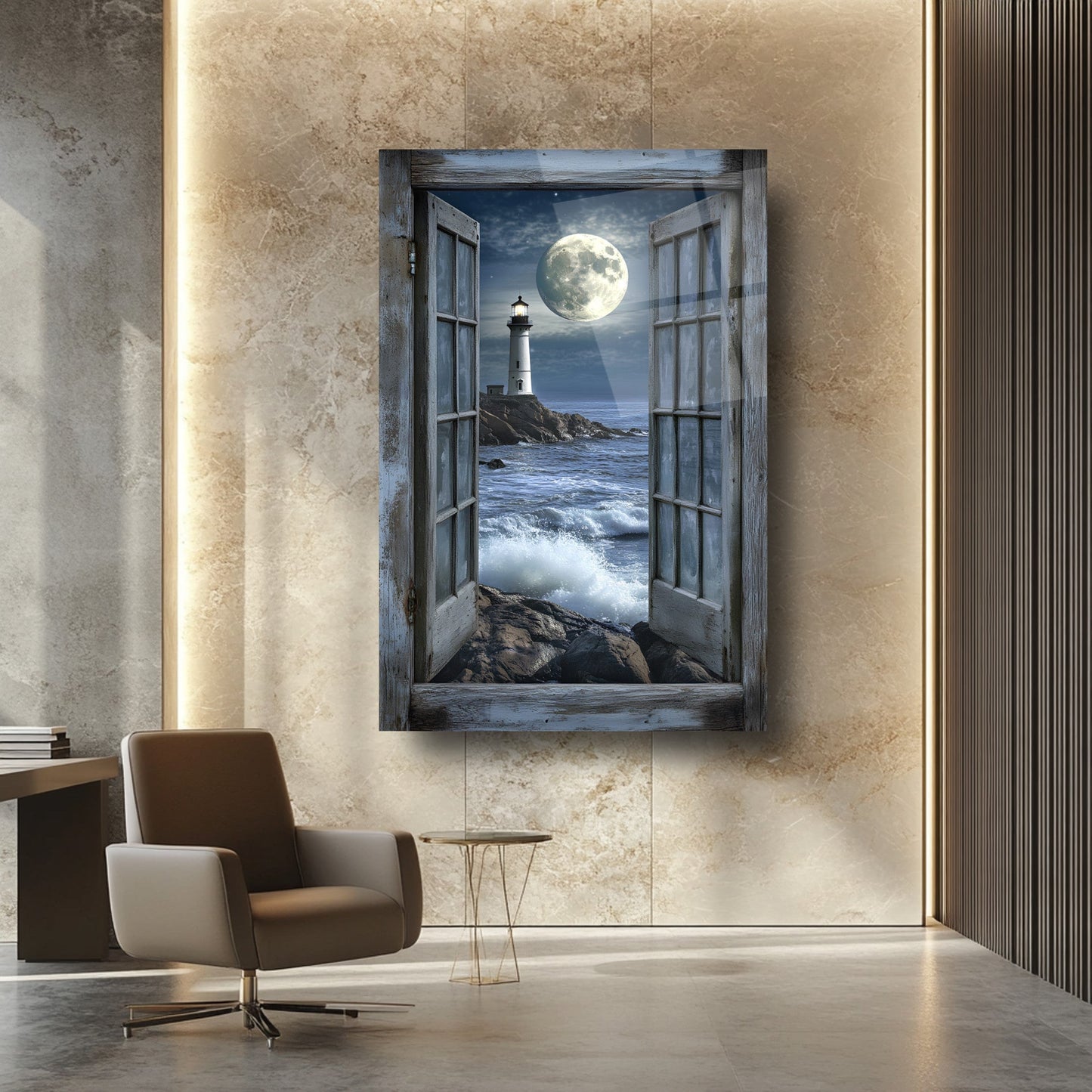 Pencereden Deniz Feneri Manzarası Cam Tablo