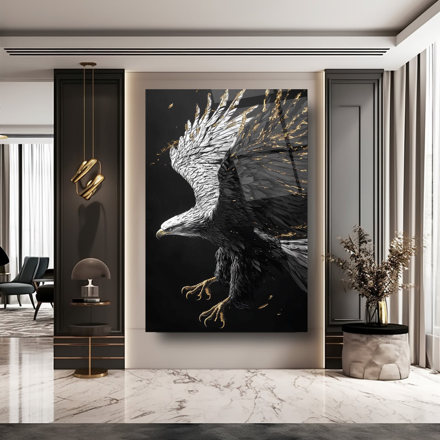 Siyah Beyaz Kartal Cam Tablo