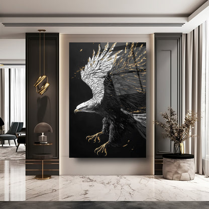 Siyah Beyaz Kartal Cam Tablo