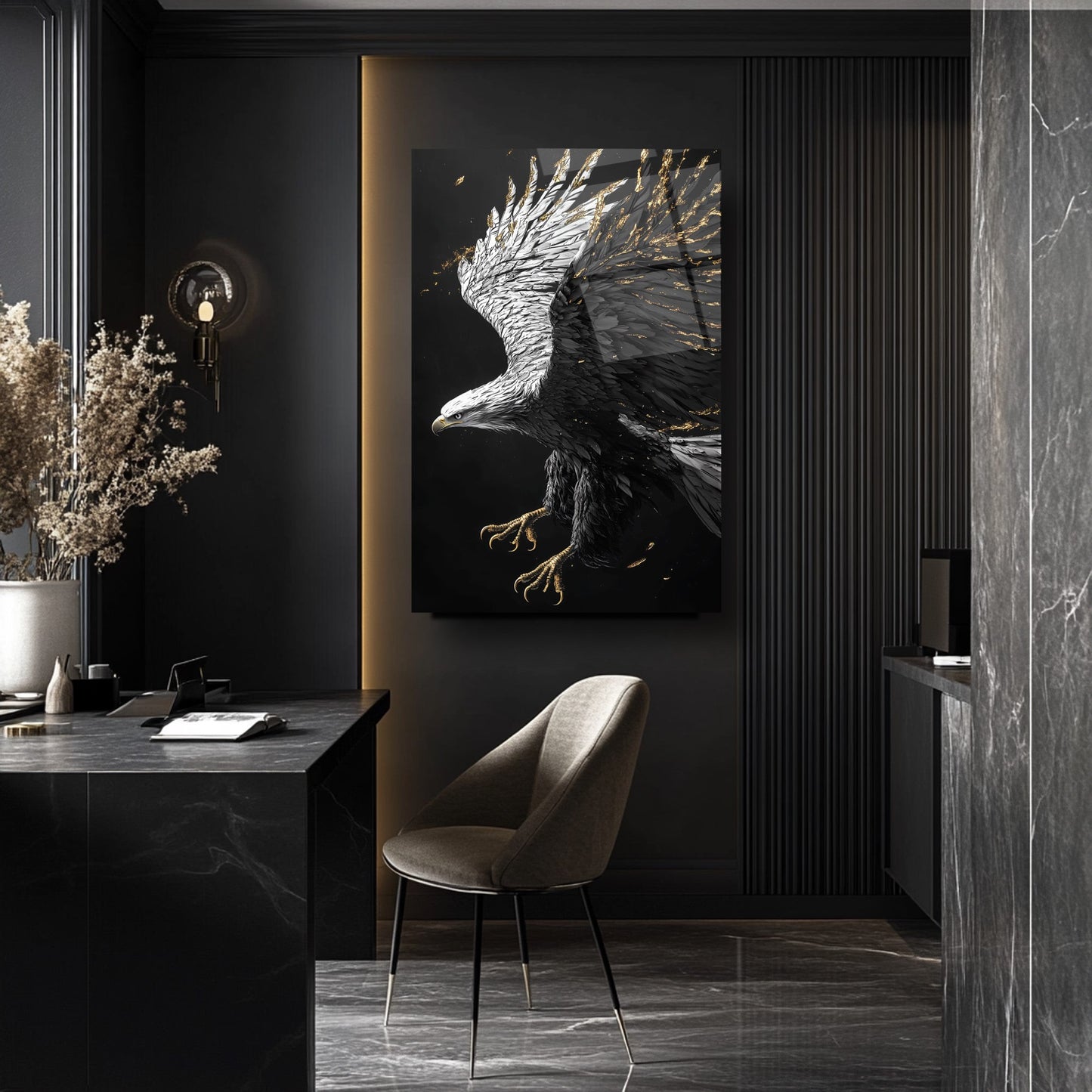 Siyah Beyaz Kartal Cam Tablo