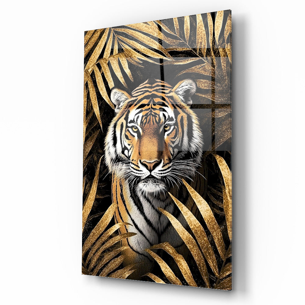 Gold Yapraklar İçinde Kaplan Cam Tablo