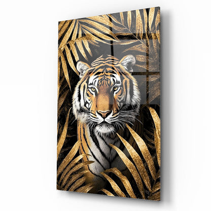 Gold Yapraklar İçinde Kaplan Cam Tablo