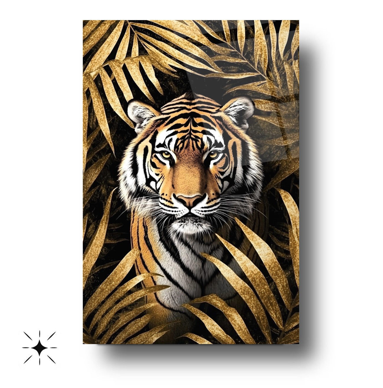 Gold Yapraklar İçinde Kaplan Cam Tablo