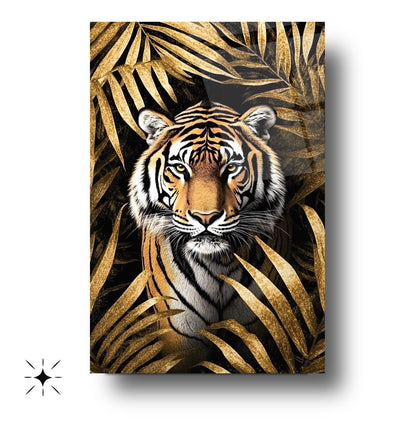 Gold Yapraklar İçinde Kaplan Cam Tablo