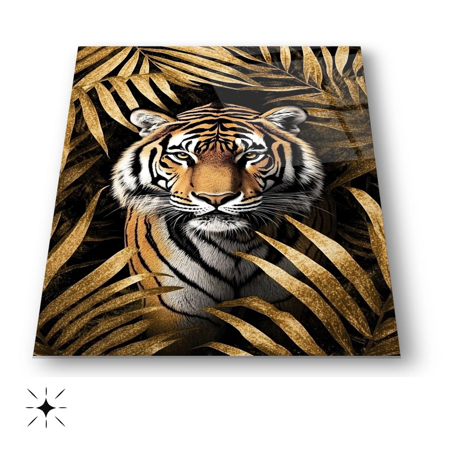 Gold Yapraklar İçinde Kaplan Cam Tablo