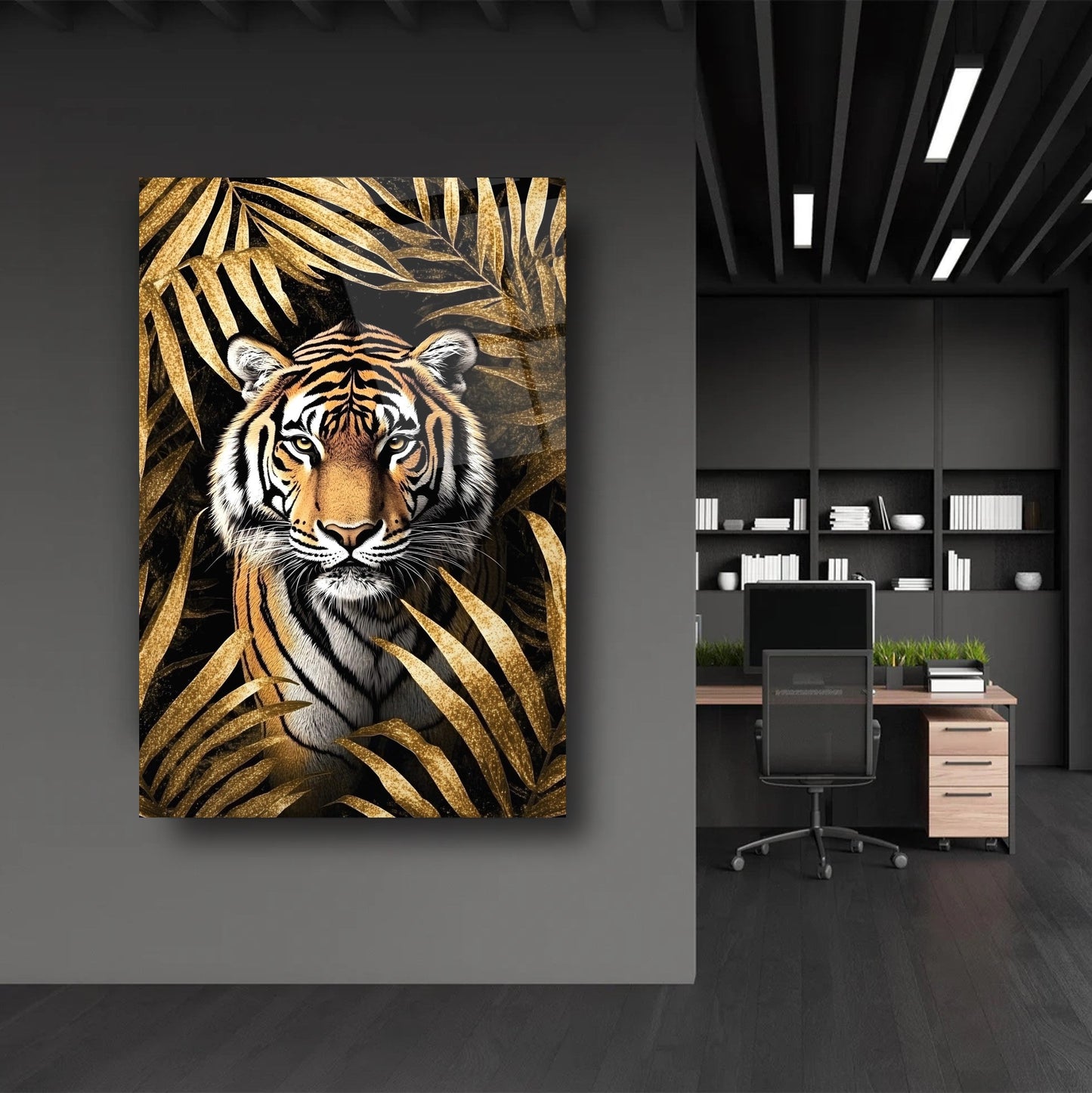 Gold Yapraklar İçinde Kaplan Cam Tablo