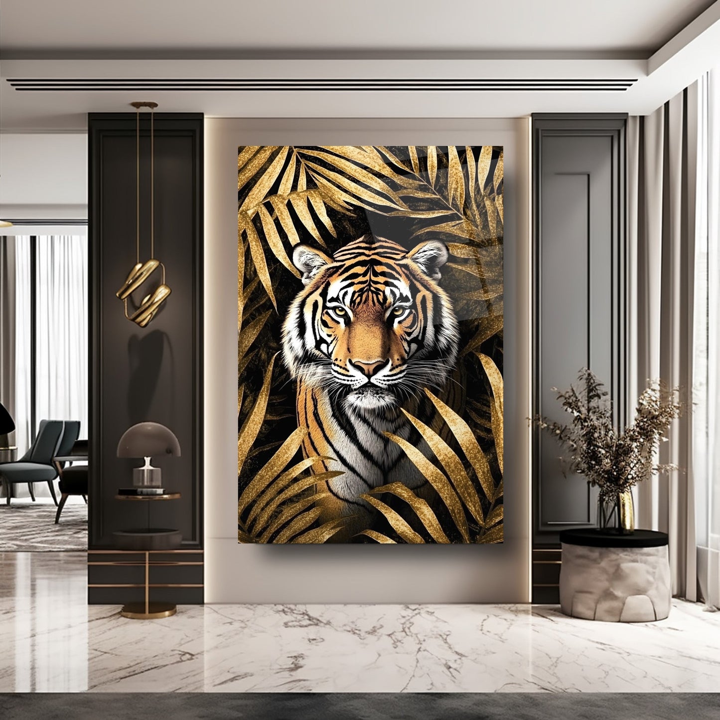 Gold Yapraklar İçinde Kaplan Cam Tablo