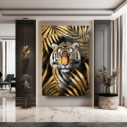 Gold Yapraklar İçinde Kaplan Cam Tablo