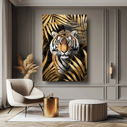 Gold Yapraklar İçinde Kaplan Cam Tablo