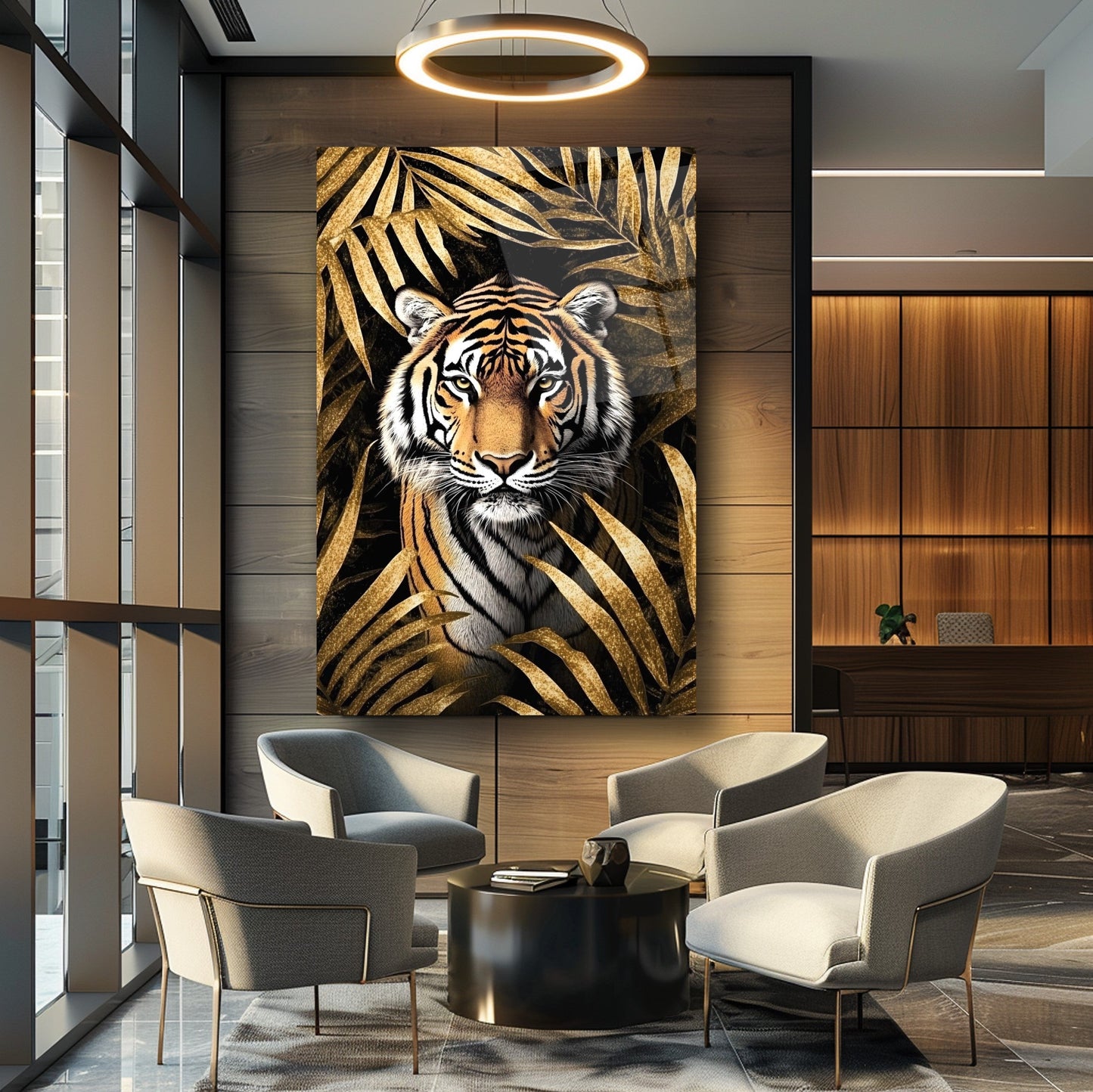 Gold Yapraklar İçinde Kaplan Cam Tablo