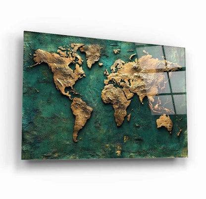 Yeşil Gold Dünya Haritası Cam Tablo