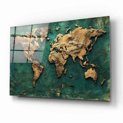 Yeşil Gold Dünya Haritası Cam Tablo