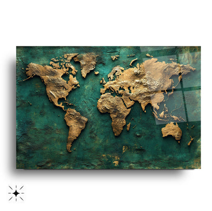 Yeşil Gold Dünya Haritası Cam Tablo