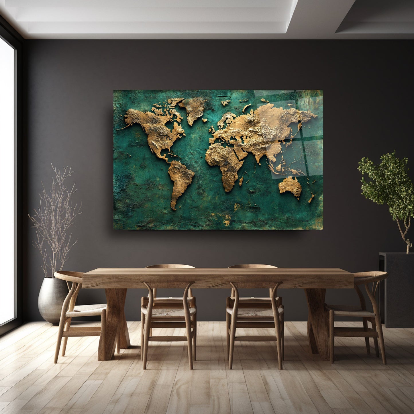 Yeşil Gold Dünya Haritası Cam Tablo
