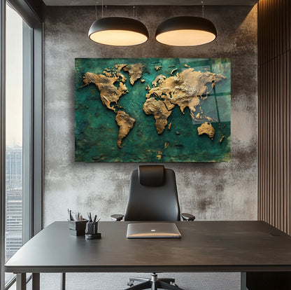 Yeşil Gold Dünya Haritası Cam Tablo