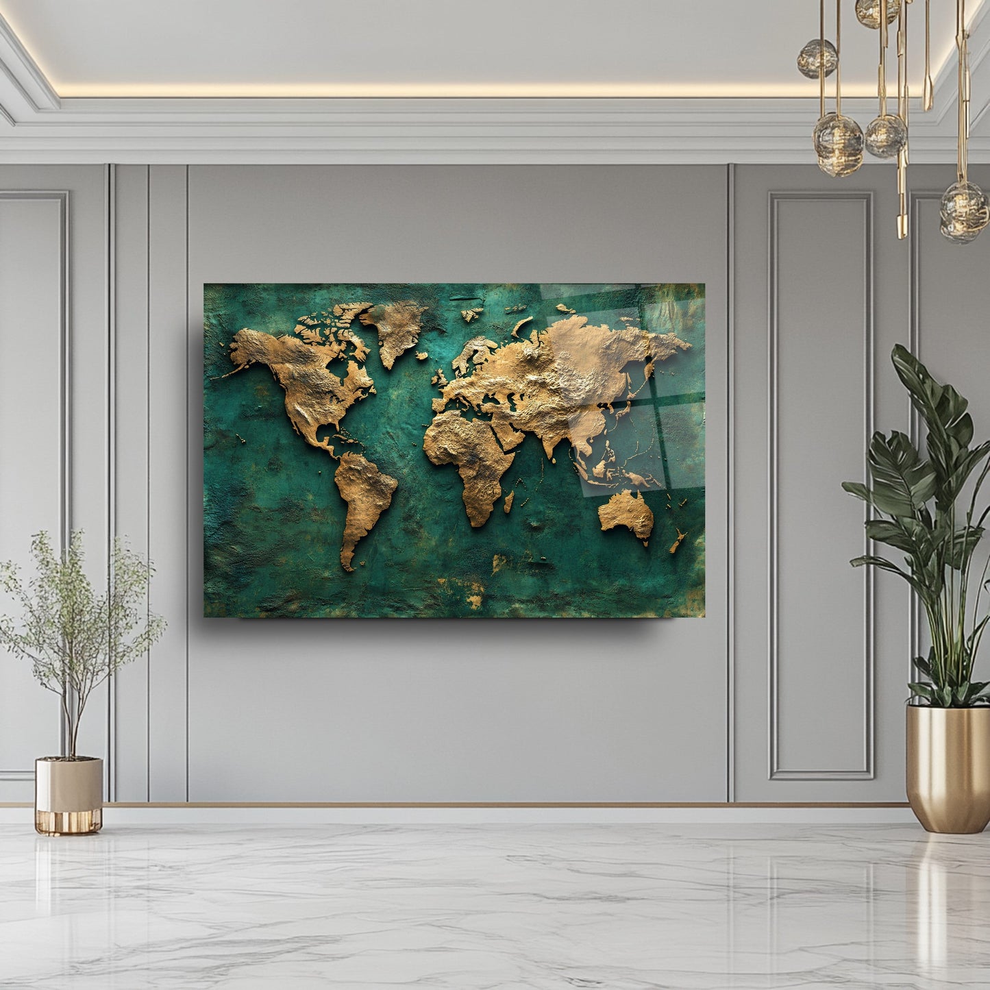 Yeşil Gold Dünya Haritası Cam Tablo