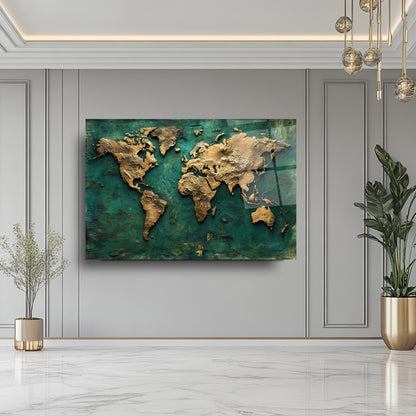 Yeşil Gold Dünya Haritası Cam Tablo