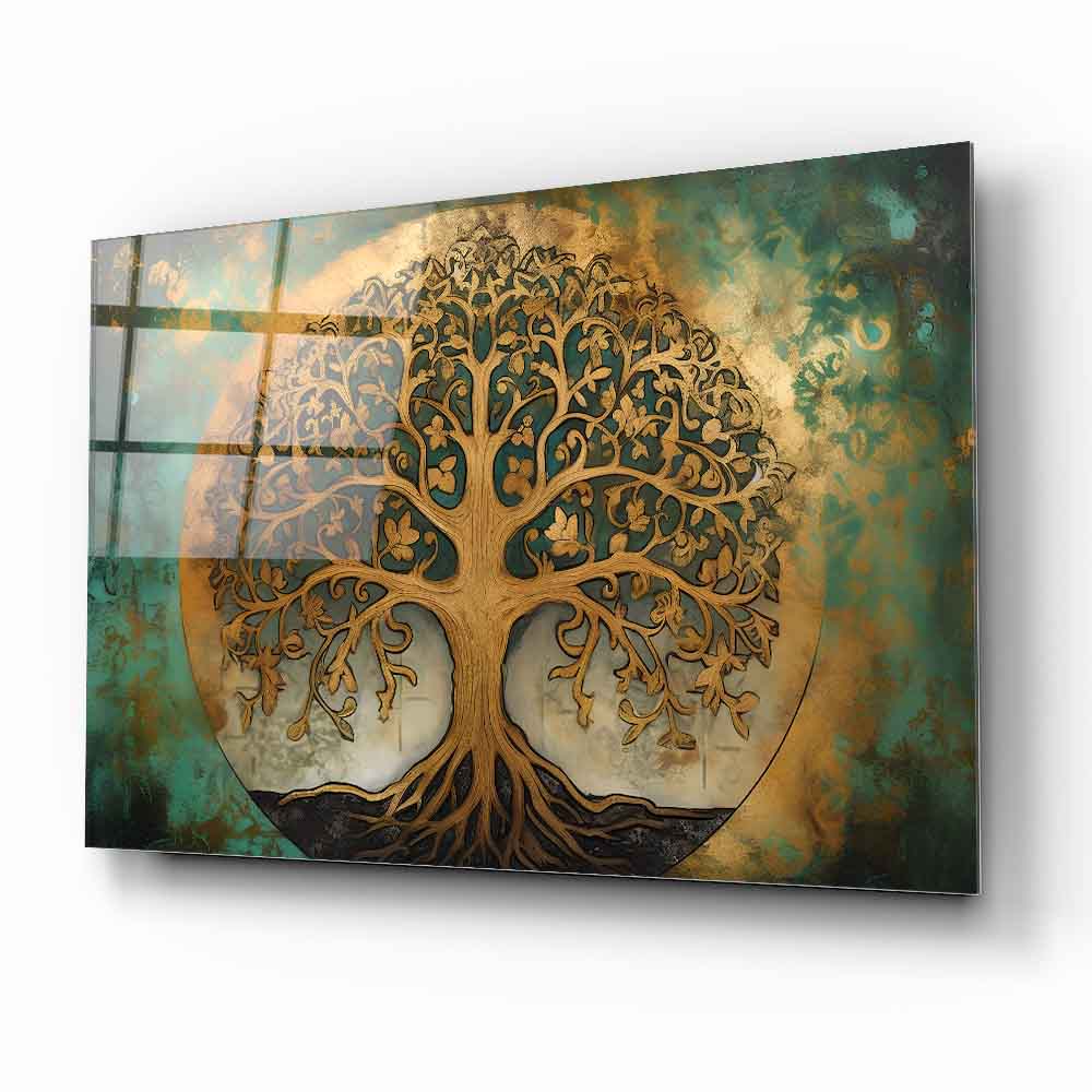 Gold Yeşil Detaylı Hayat Ağacı Cam Tablo