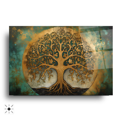 Gold Yeşil Detaylı Hayat Ağacı Cam Tablo