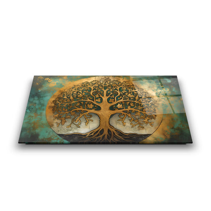 Gold Yeşil Detaylı Hayat Ağacı Cam Tablo