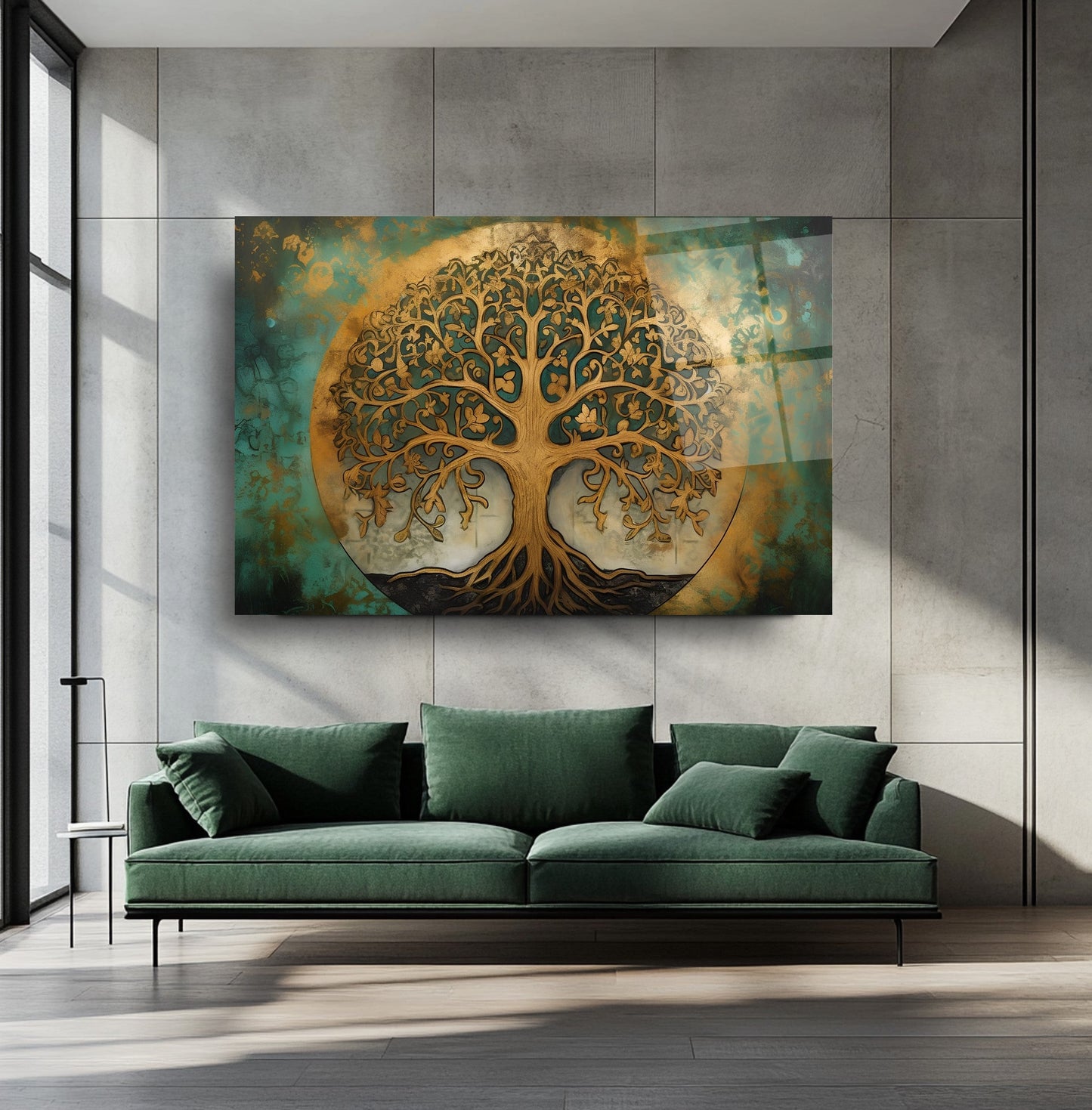 Gold Yeşil Detaylı Hayat Ağacı Cam Tablo