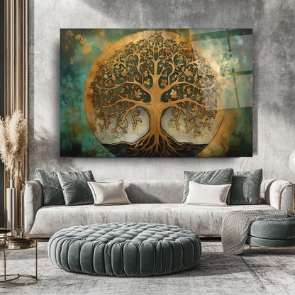 Gold Yeşil Detaylı Hayat Ağacı Cam Tablo