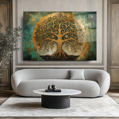 Gold Yeşil Detaylı Hayat Ağacı Cam Tablo