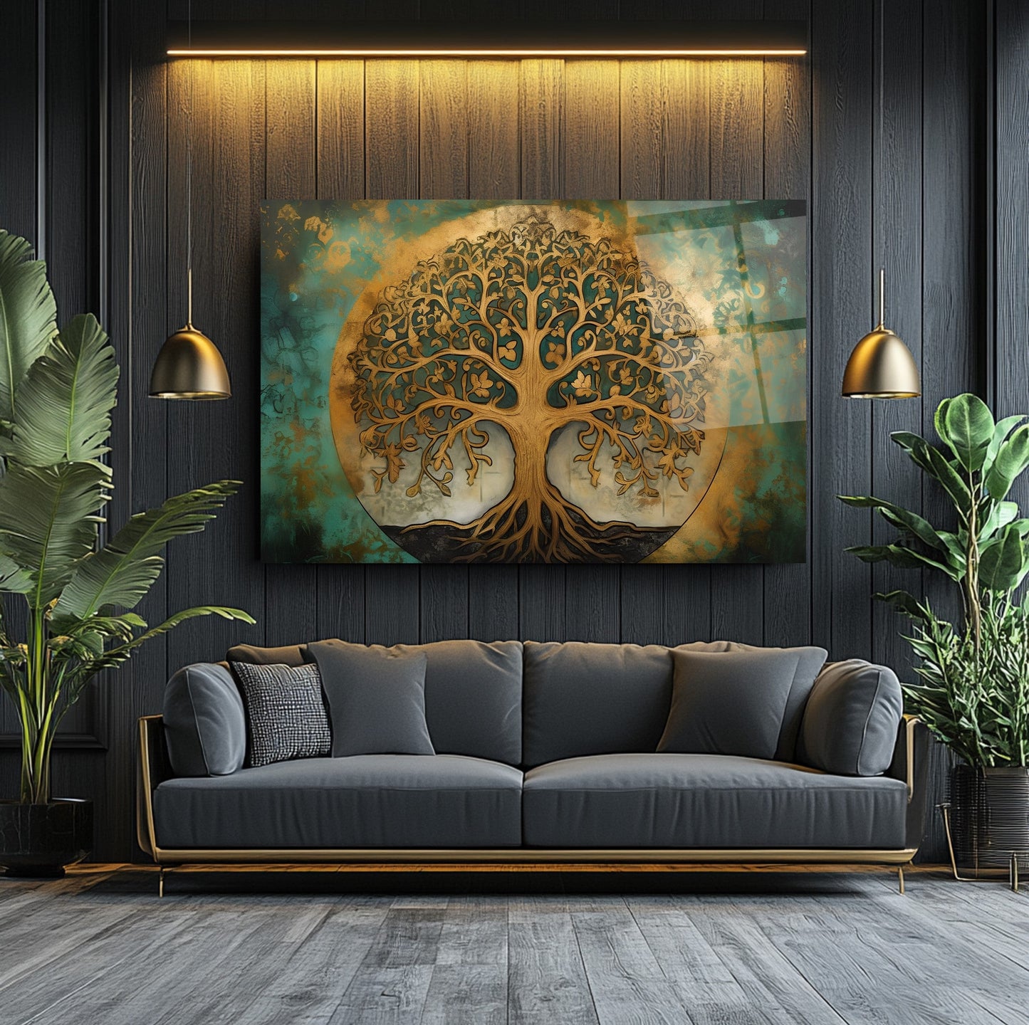 Gold Yeşil Detaylı Hayat Ağacı Cam Tablo