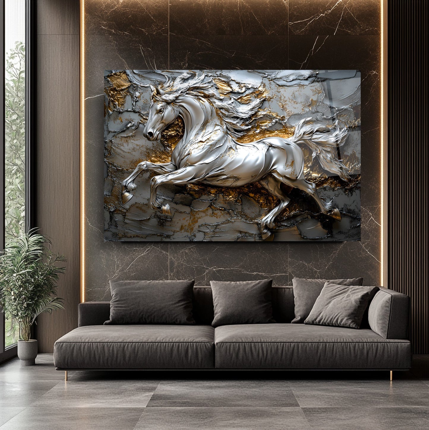 Gümüş Detaylı At Cam Tablo