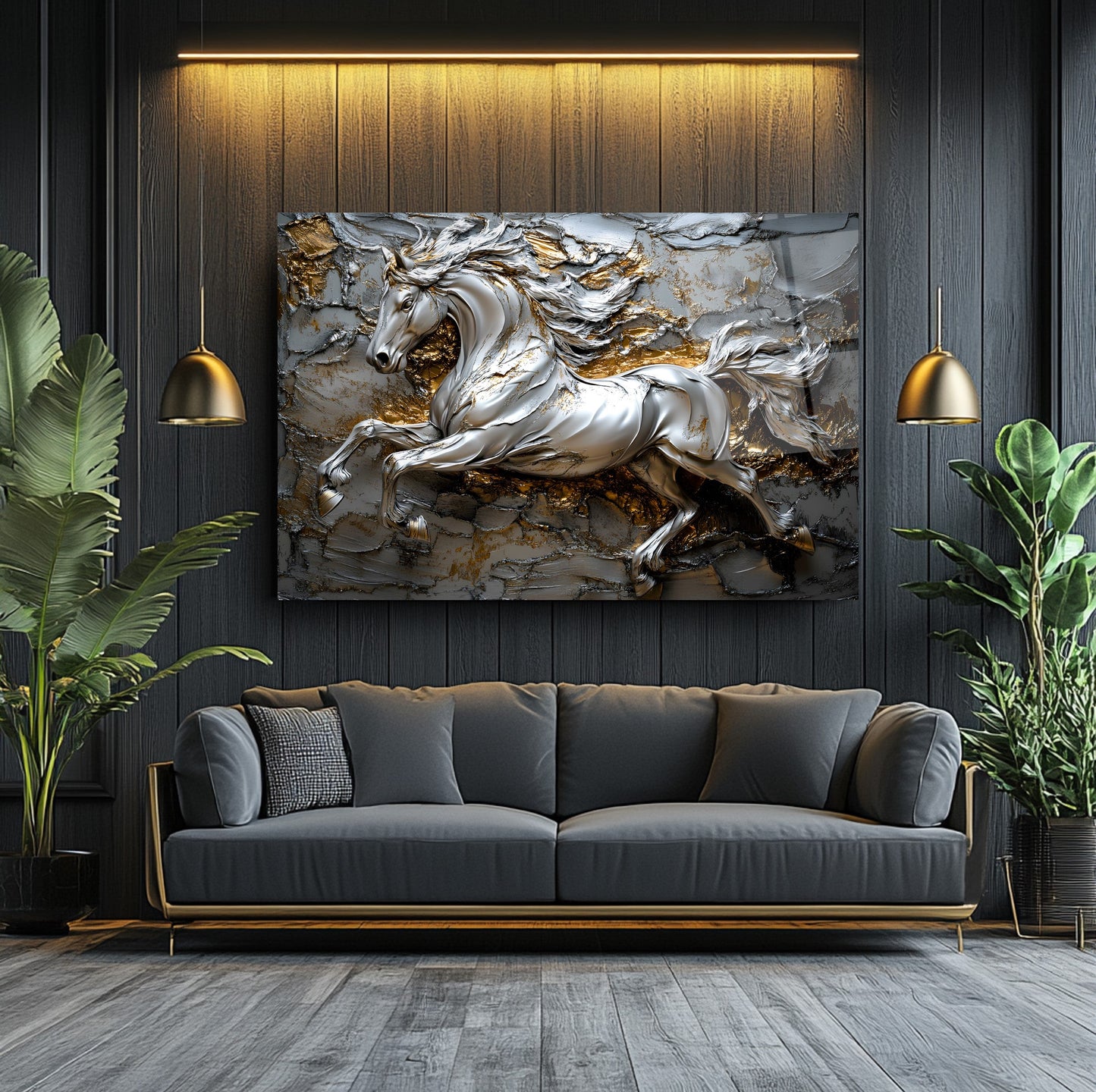 Gümüş Detaylı At Cam Tablo
