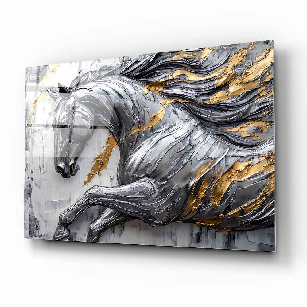 Gümüş Gold Detaylı At Cam Tablo