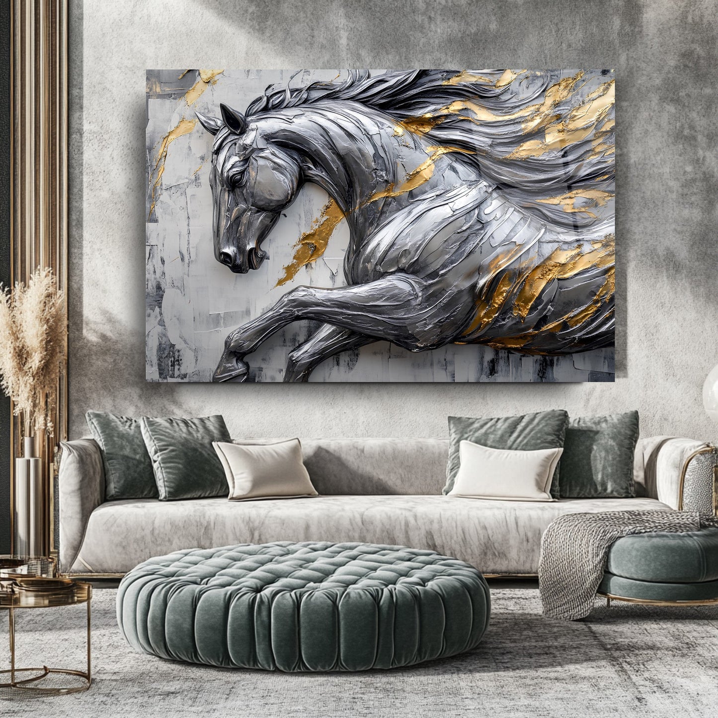 Gümüş Gold Detaylı At Cam Tablo