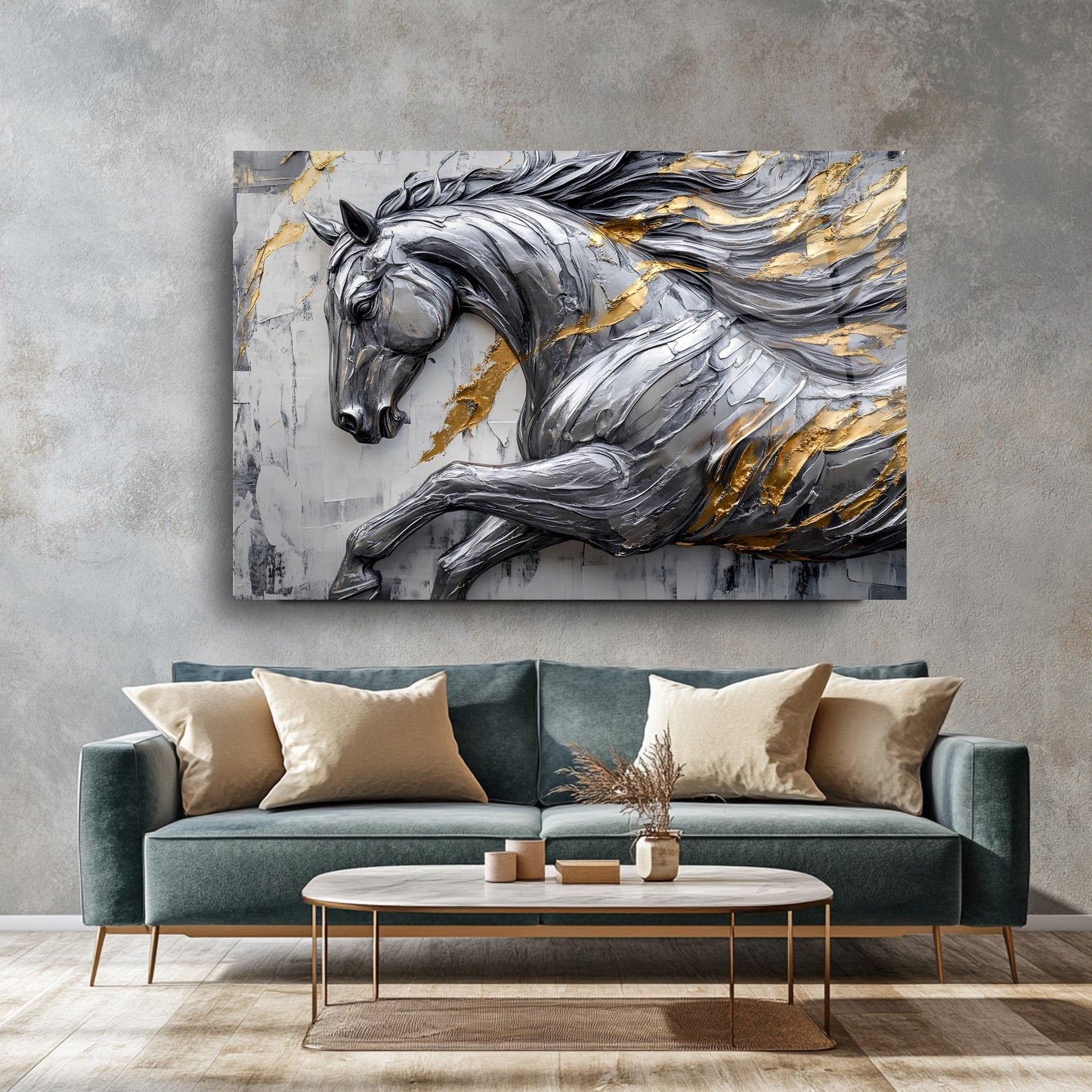 Gümüş Gold Detaylı At Cam Tablo