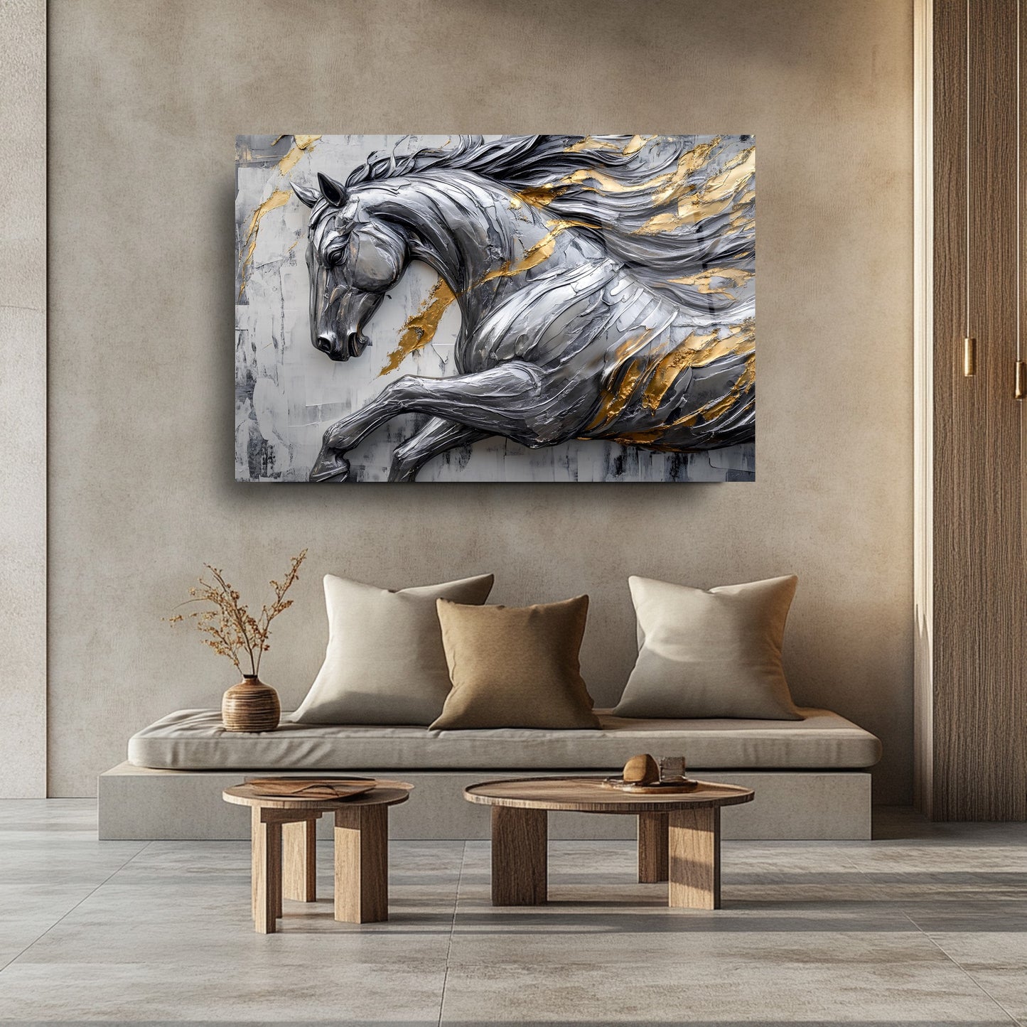 Gümüş Gold Detaylı At Cam Tablo