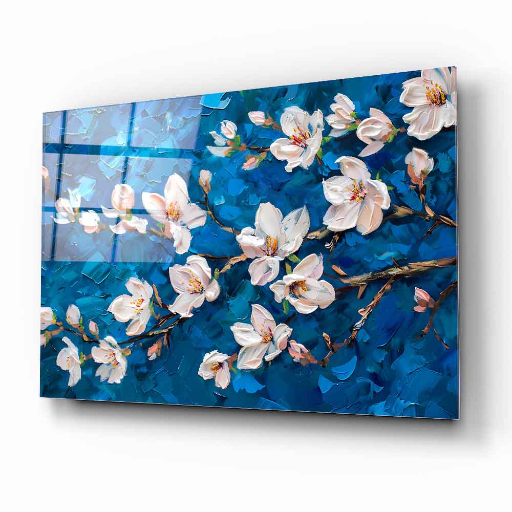 Beyaz Çiçekler Cam Tablo