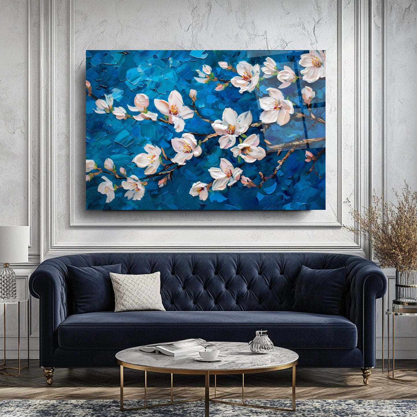 Beyaz Çiçekler Cam Tablo