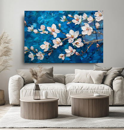 Beyaz Çiçekler Cam Tablo