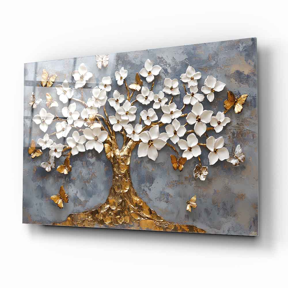 Gold Beyaz Hayat Ağacı Cam Tablo
