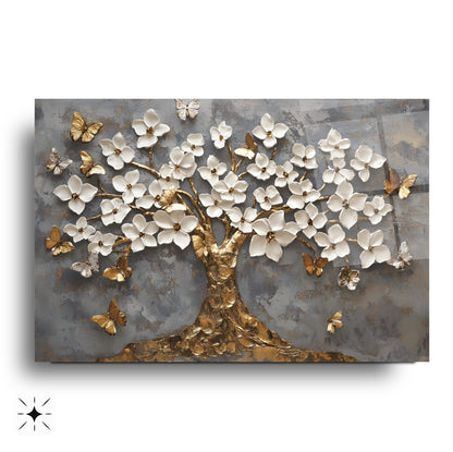Gold Beyaz Hayat Ağacı Cam Tablo