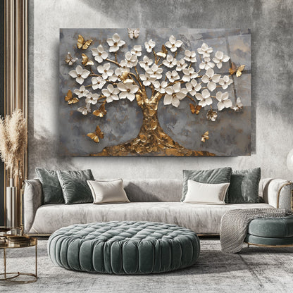 Gold Beyaz Hayat Ağacı Cam Tablo