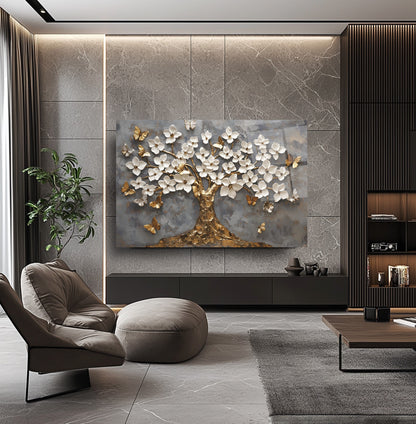 Gold Beyaz Hayat Ağacı Cam Tablo