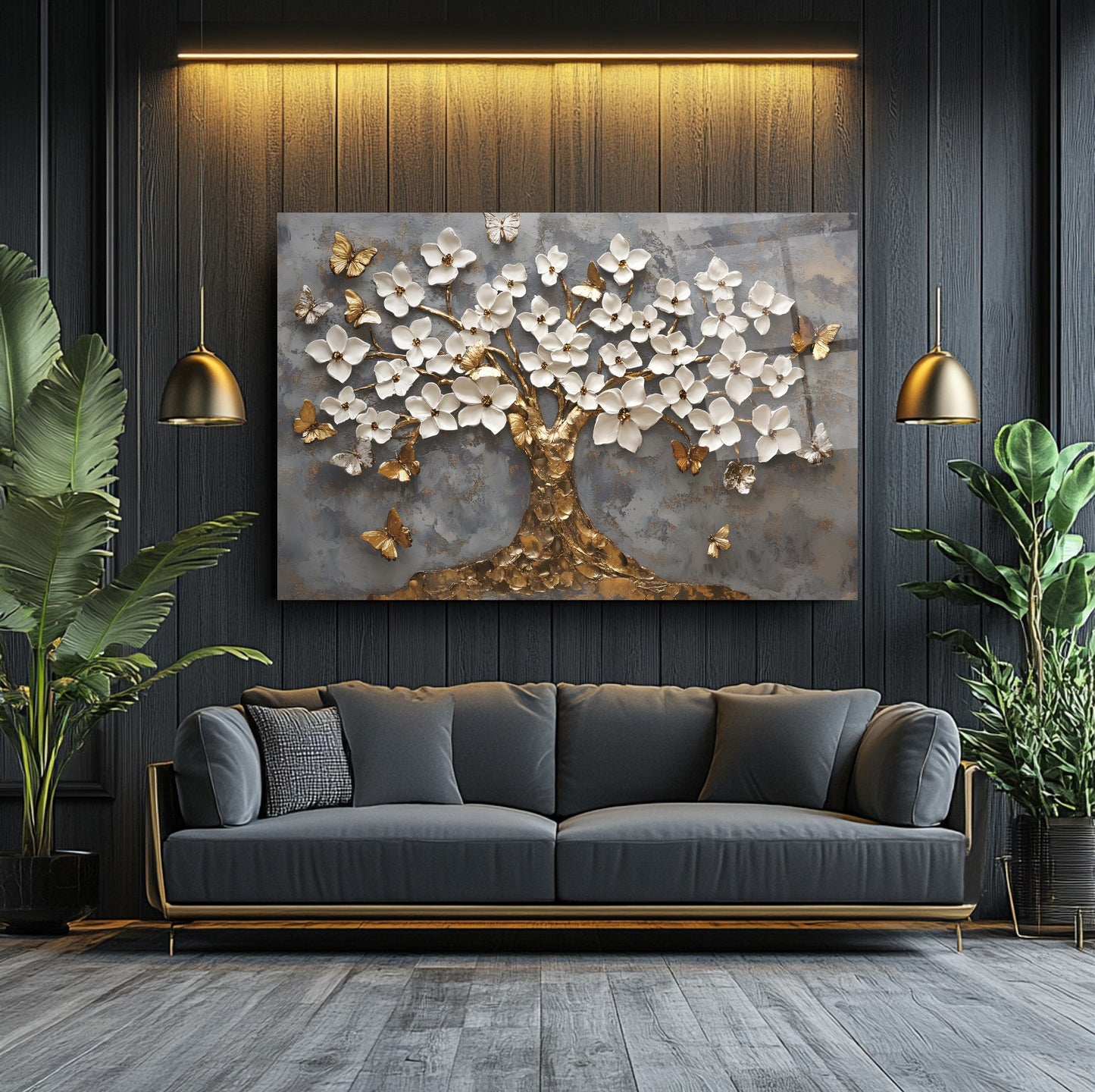 Gold Beyaz Hayat Ağacı Cam Tablo