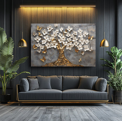 Gold Beyaz Hayat Ağacı Cam Tablo