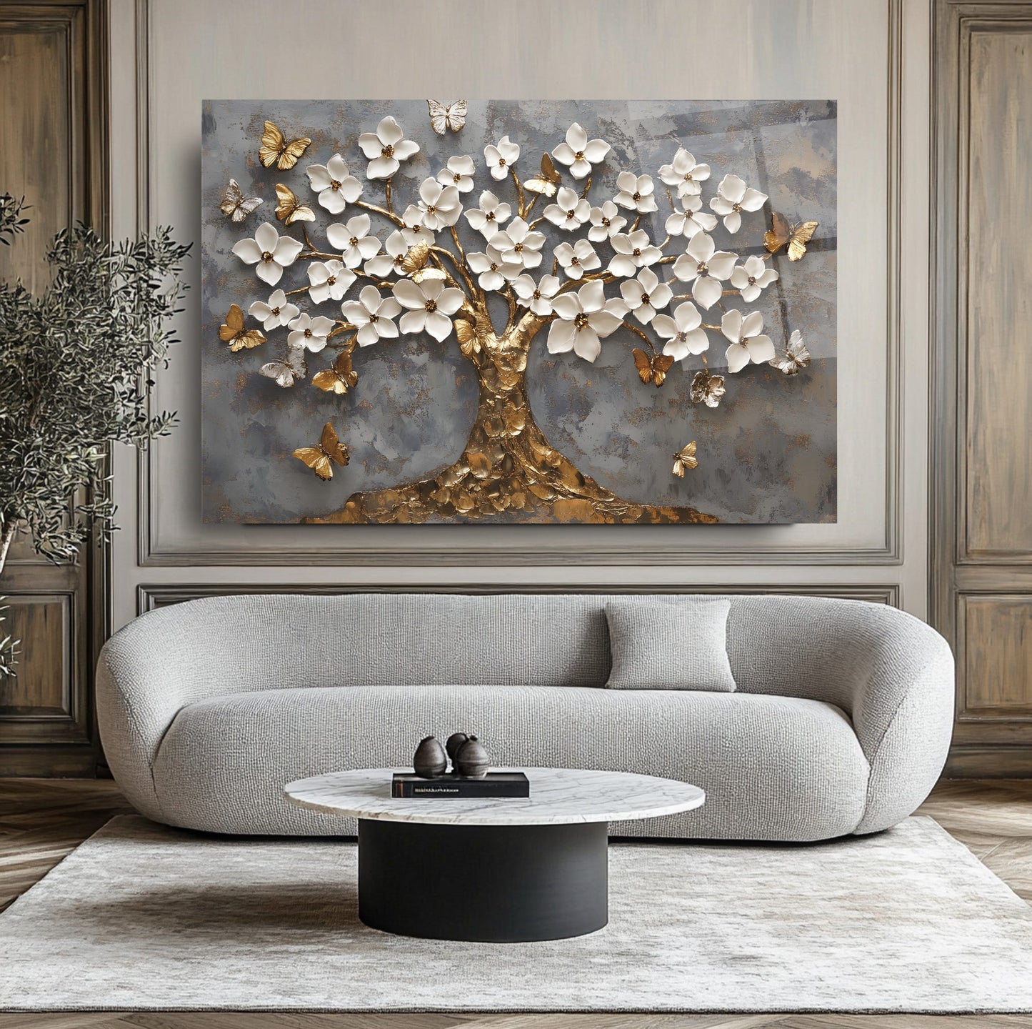 Gold Beyaz Hayat Ağacı Cam Tablo