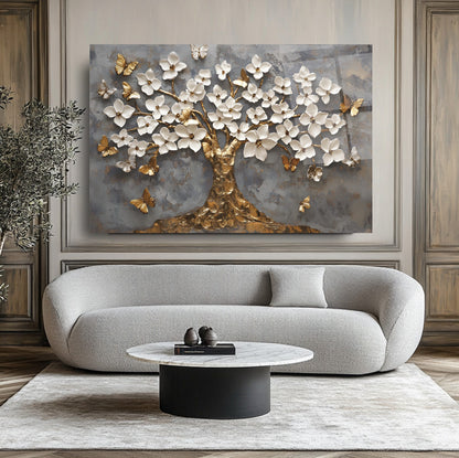Gold Beyaz Hayat Ağacı Cam Tablo