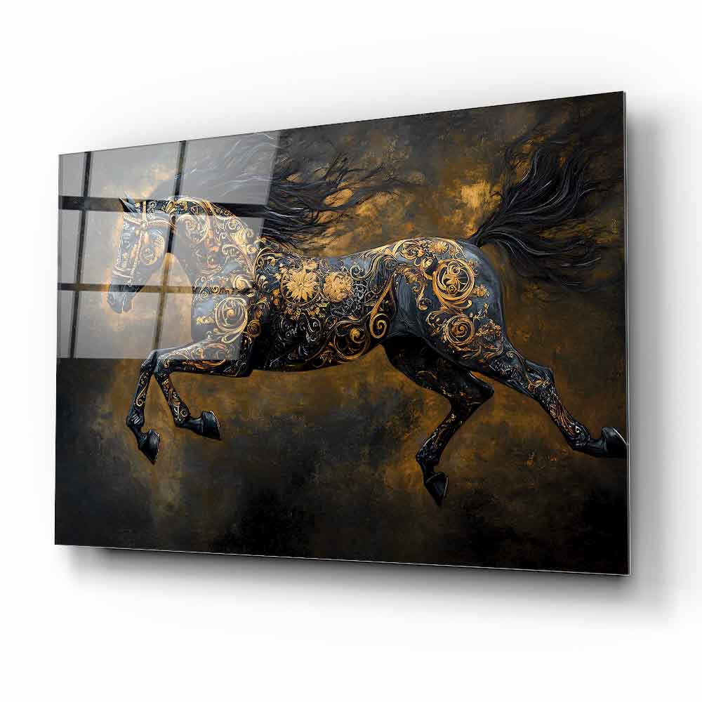 Gold Detaylı Siyah At Cam Tablo