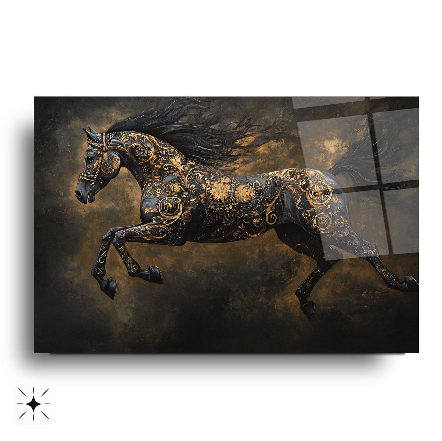 Gold Detaylı Siyah At Cam Tablo